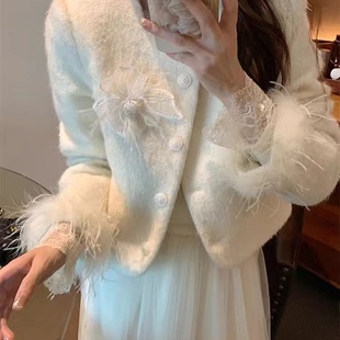 鸵鸟毛小香风保暖羽绒服内胆毛呢短外套女冬感小个子呢子上衣