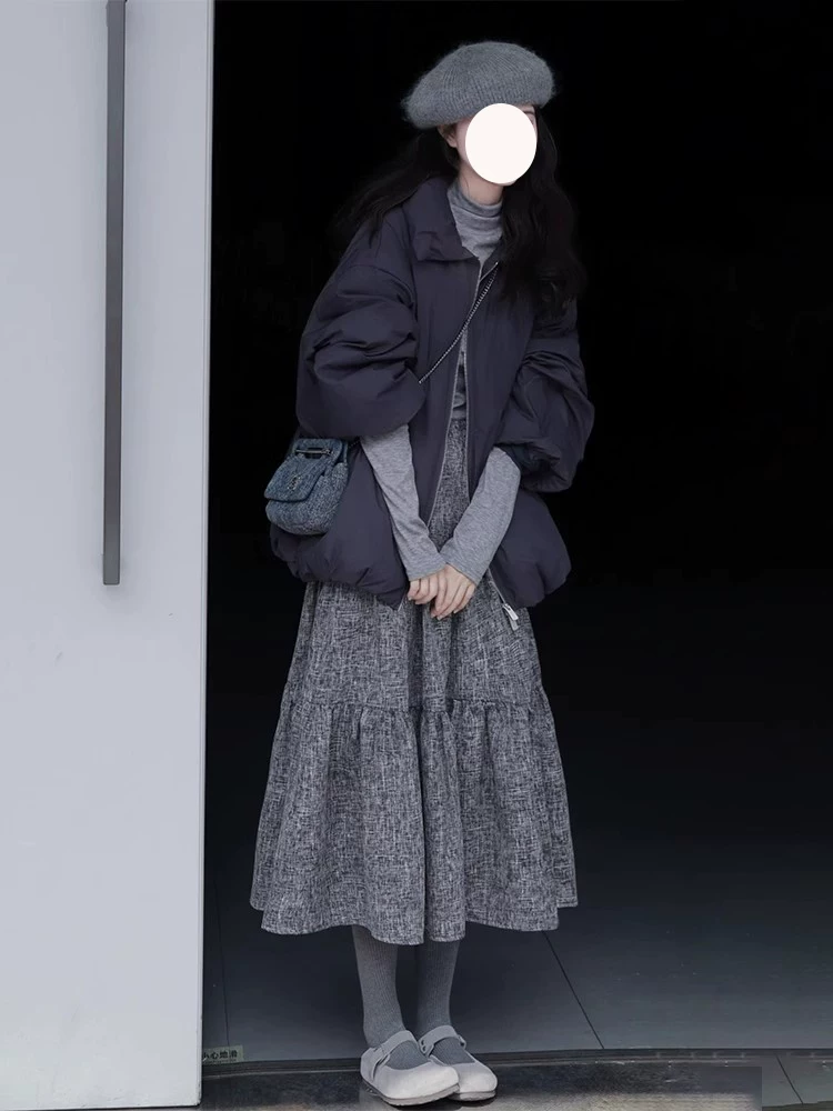 日系文艺复古灰色花苞半身裙女秋冬小个子高腰a字伞裙中长款裙子