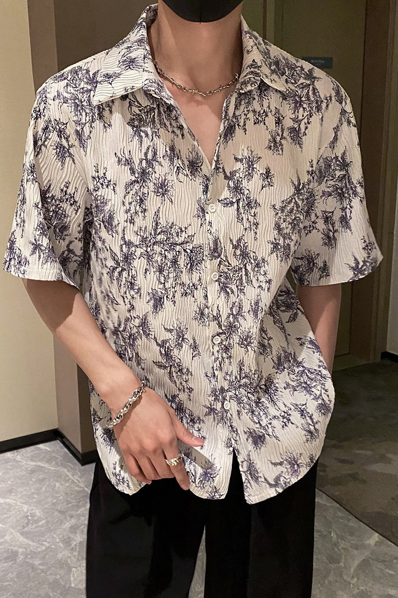 社会轻奢宽松碎花折皱花衬衫痞帅B297-2317-P55控88,男装衬衫,电商B297