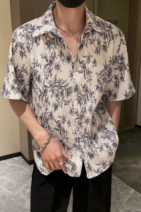 社会轻奢宽松碎花折皱花衬衫痞帅B297-2317-P55控88图片