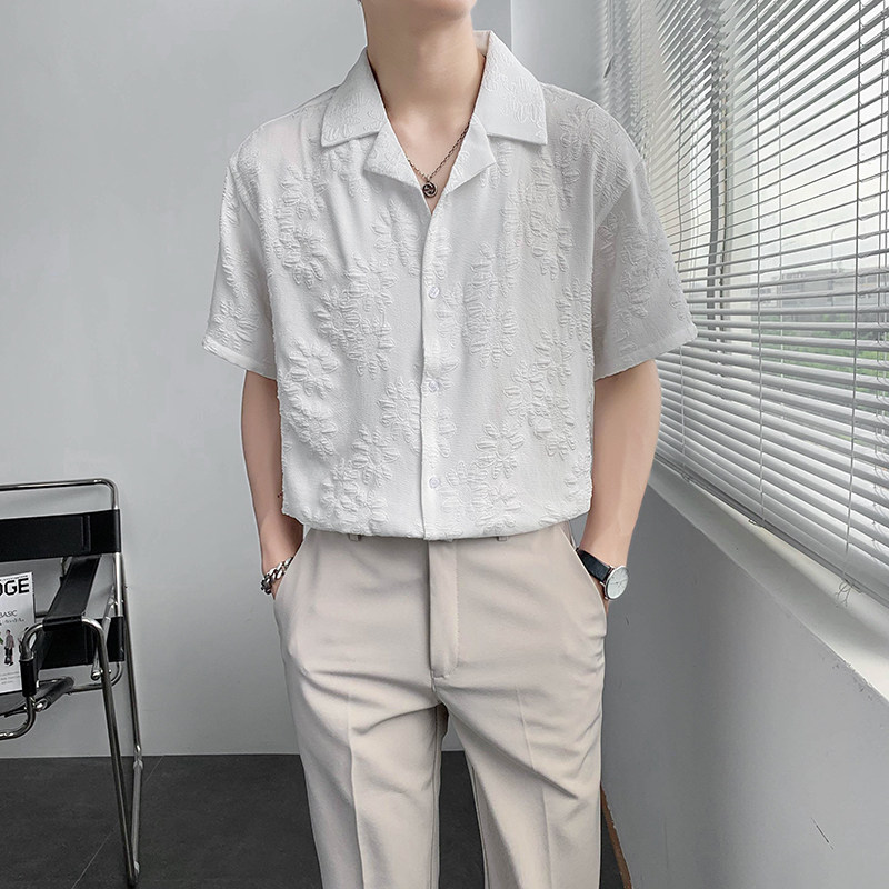 轻熟风纯色宽松碎花提花短袖休闲衬衫上衣B297-7780-P58控78图片