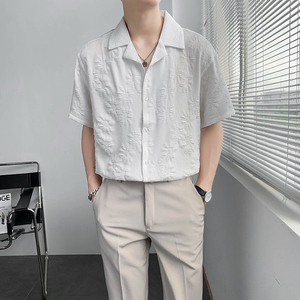 轻熟风纯色宽松碎花提花短袖休闲衬衫B297-7780-P58控78图片