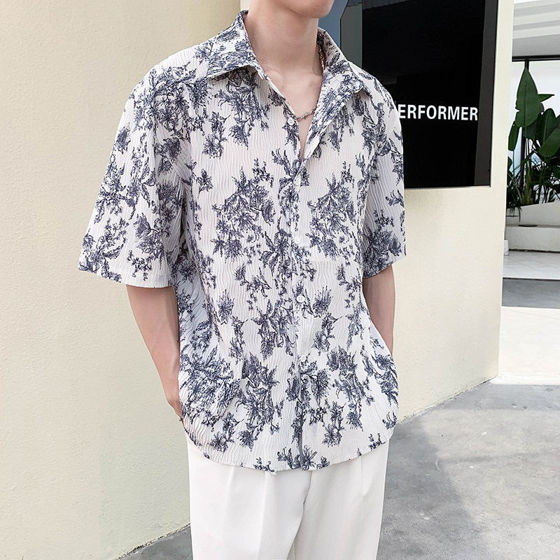 社会轻奢宽松半袖碎花折皱衬衫B297-2317-P55控88,男装衬衫,电商B297