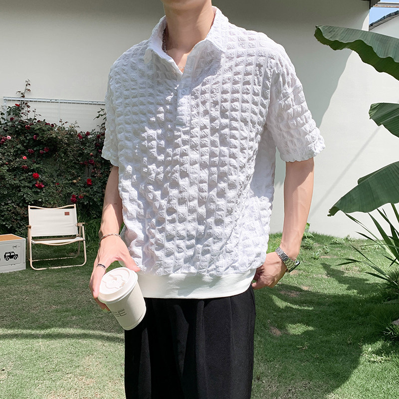 社会轻奢纯色立体格子套头半袖衬衫上衣B297-2315-P55控88,男装衬衫,电商B297