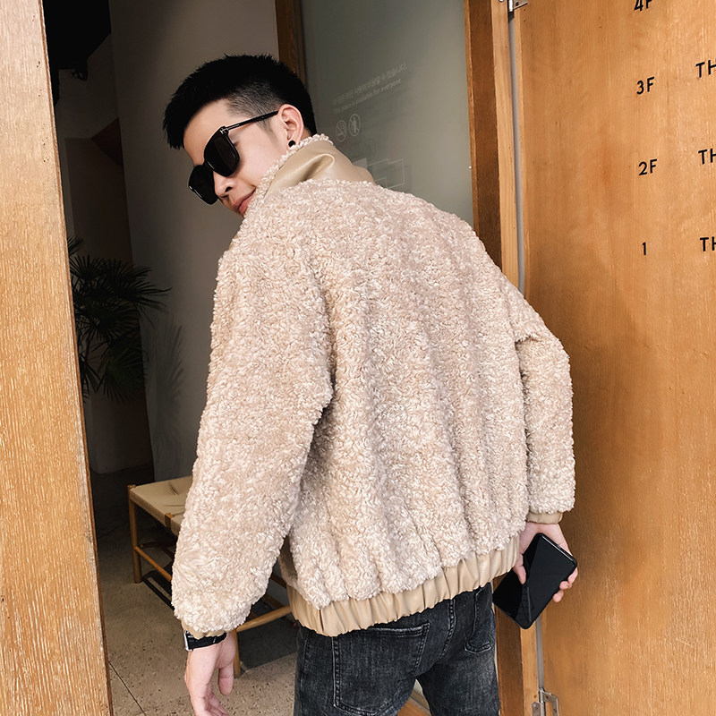 社会风纯色PU皮拼接休闲羊羔毛衣B297-2823-P155控208图片