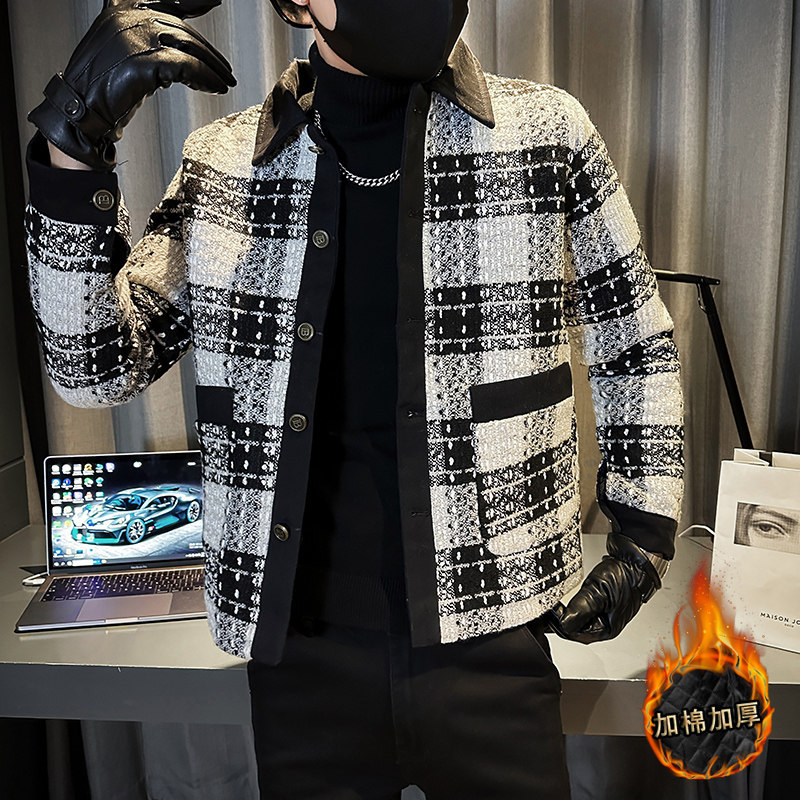 社会轻奢冬季单排扣衬衫领休闲棉衣格子B297-7789-P130，男装棉衣，电商B297