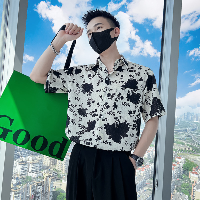 雅痞风短袖流行宽松休闲尖领花衬衫潮男B297-7782-P58控78,男装衬衫,电商B297