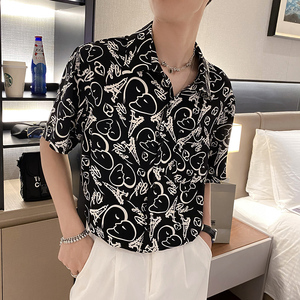 社会风沙滩宽松人脸半袖碎花衬衫B297-7729-P58控78图片