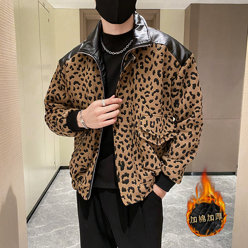 社会轻奢风豹纹PU皮拼接加修身衣上衣B297-1812-P138控178,男装棉衣,电商B297