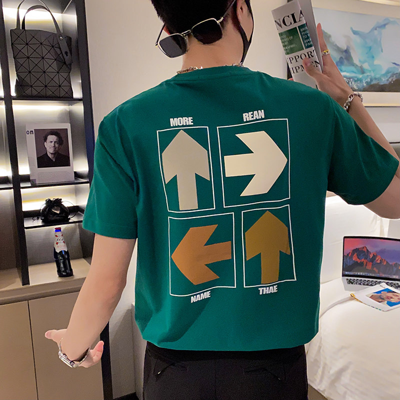 社会轻奢高品质纯色箭头印花宽松T恤痞帅B297-252-P50控78,男装T恤,电商B297