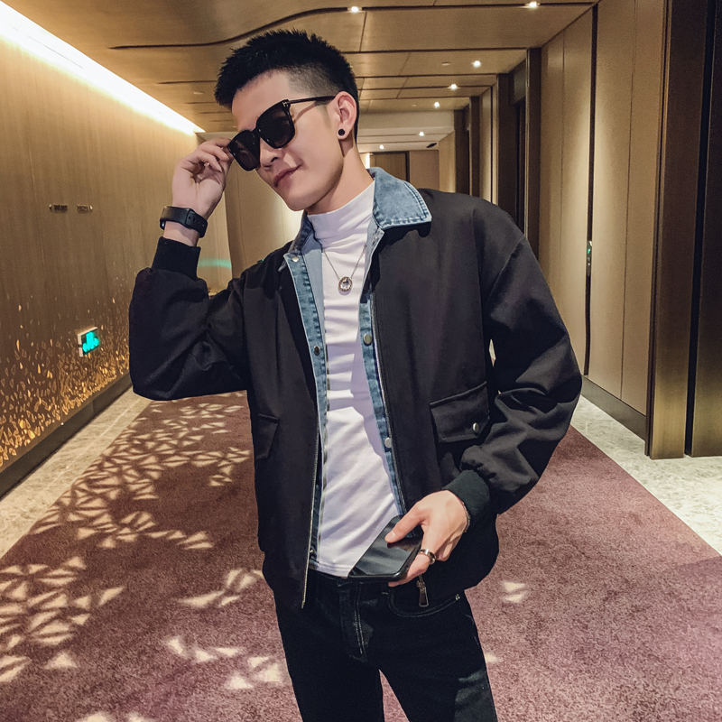 社会风纯色立体贴袋牛仔假两件夹克上衣B297-3903，男装夹克，电商B297