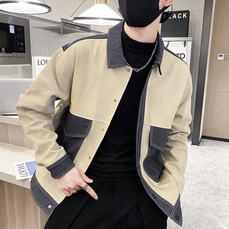 社会风纯色牛仔拼接大口袋休闲夹克B297-206-P115控158图片