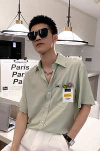 社会风纯色贴标宽松短袖衬衫上衣B297-7732-P58控78图片