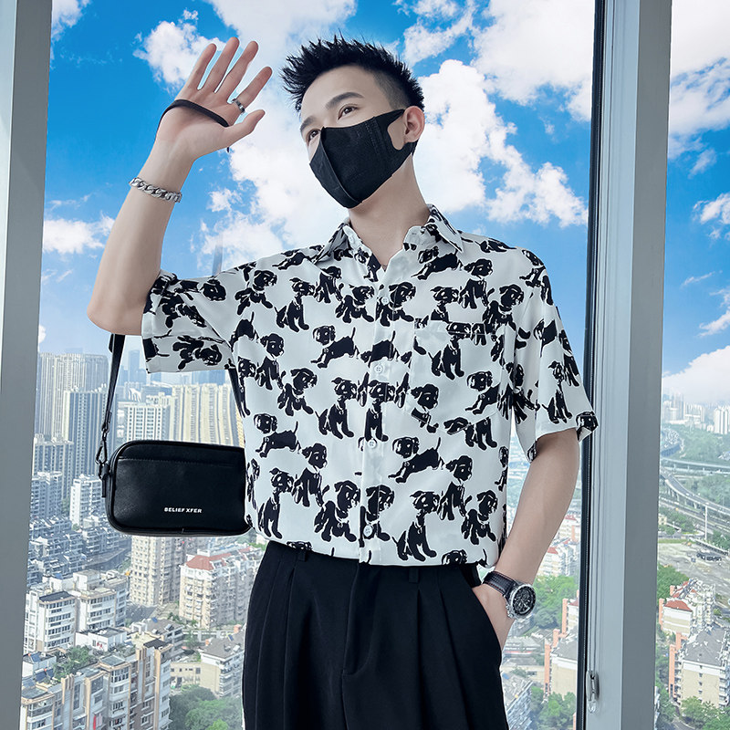 雅痞风流行宽松休闲小狗尖领花衬衫潮男B297-7783-P58控78,男装衬衫,电商B297