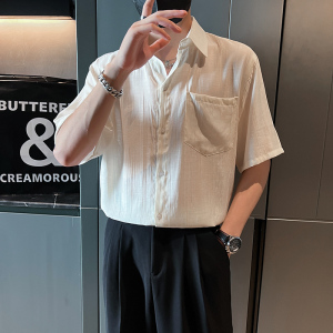 社会轻奢青春纯色宽松短袖休闲尖领衬衫B297-7787-P58控78图片