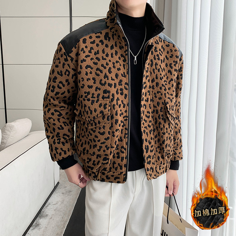 轻熟风冬季豹纹PU皮拼接加修身衣B297-1812-P138控178,男装棉衣,电商B297