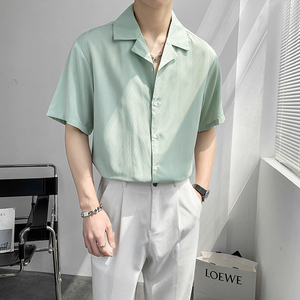轻熟风宽松西装领纯色短袖休闲衬衫潮男B297-7730-P58控78图片