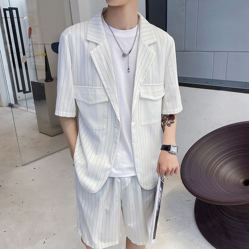 社会风夏纯色条纹宽松西装休闲两件套装痞帅B297-7712-P105控148，男装休闲套装，电商B297