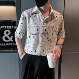 社会轻奢免烫短袖宽松抽象印花尖领花衬衫B297-7786-P58控78，男装衬衫，电商B297