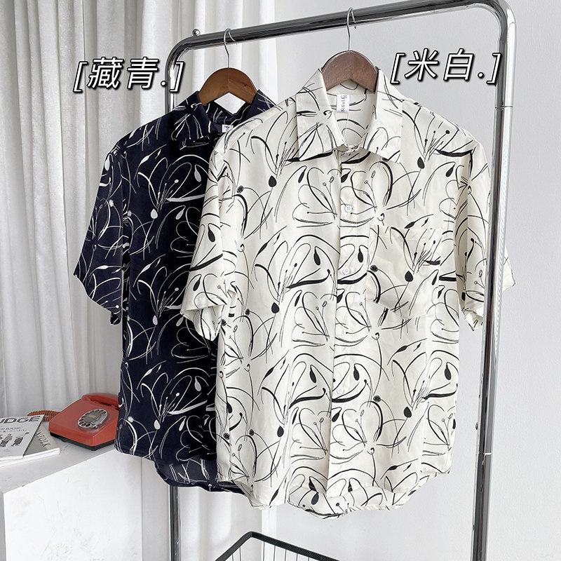 社会轻奢免烫短袖宽松抽象印花尖领花衬衫B297-7786-P58控78,男装衬衫,电商B297