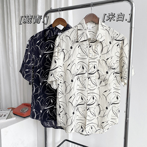 社会轻奢免烫短袖宽松抽象印花尖领花衬衫B297-7786-P58控78图片