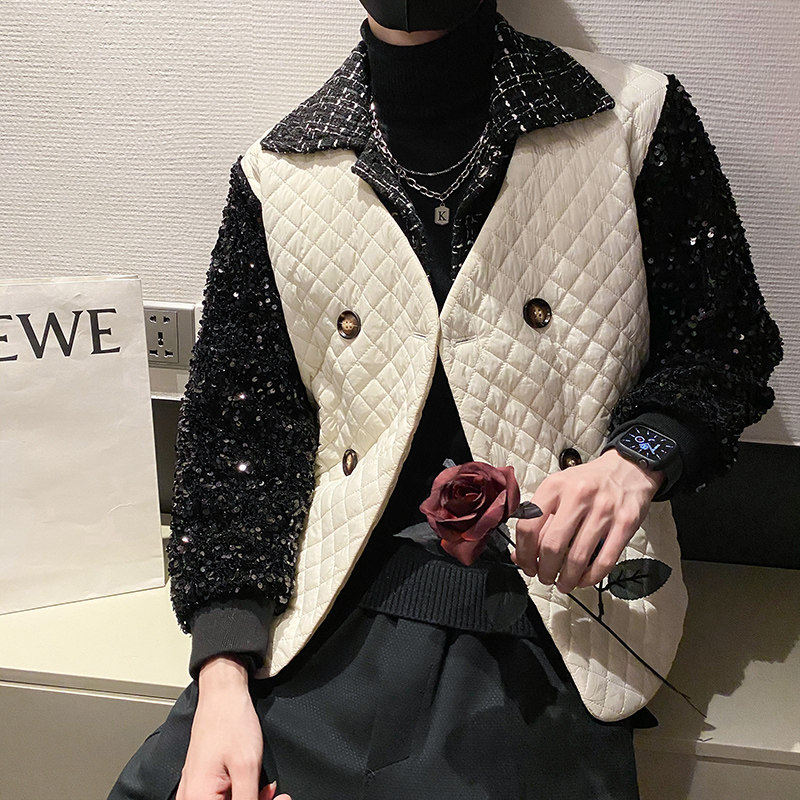 社会风纯色假两件拼接亮片西装领衣B297-7753-P135控178,男装棉衣,电商B297