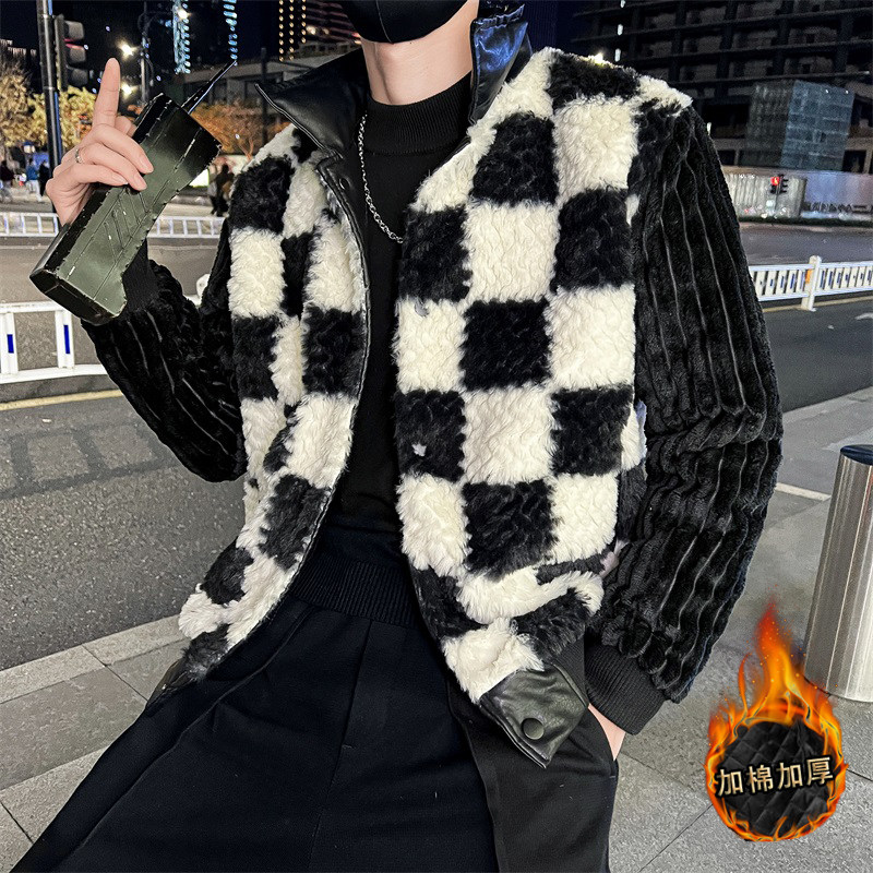 社会轻奢风棋盘格仿皮草加厚皮毛一体衣B297-7760-P158控208,男装棉衣,电商B297