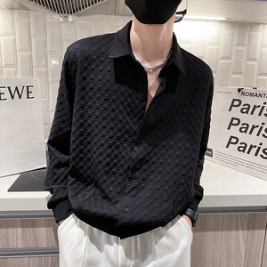 社会轻奢纯色长袖春夏尖领宽松纽扣衬衫B297-7771-P68控98图片