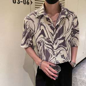 社会轻奢垂坠感水墨折皱花衬衫潮牌B297-2316-P55控88图片