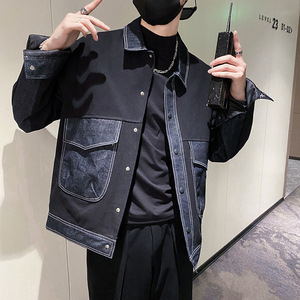 社会风纯色牛仔拼接大口袋休闲夹克B297-206-P115控158图片