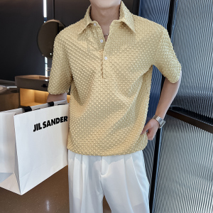 社会风纯色宽松套头格子短袖翻领POLO衫上衣B297-7781-P58控78图片