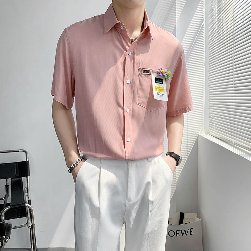 轻熟风衬衫领纯色宽松毛绒花装饰衬衫上衣B297-7732-P58控78,男装衬衫,电商B297