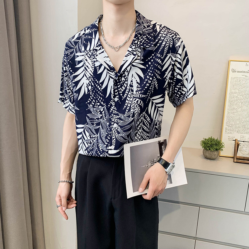 轻熟风碎花沙滩宽松竹叶短袖翻领花衬衫B297-2202-P53控78图片