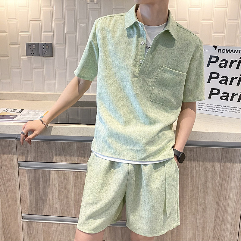 社会轻奢纯色宽松翻领夏季两件套装潮牌B297-7778-特P90控148图片