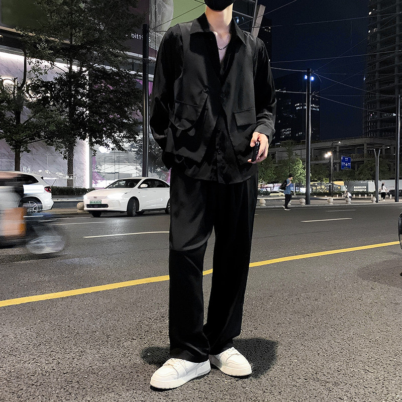 社会轻奢纯色假两件绸缎质感马甲两件套装B297-291-P115控158,男装休闲套装,电商B297