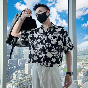 雅痞风短袖流行宽松休闲尖领花衬衫痞帅B297-7782-P58控78图片