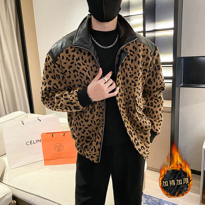 社会轻奢风豹纹PU皮拼接加修身衣上衣B297-1812-P138控178,男装棉衣,电商B297