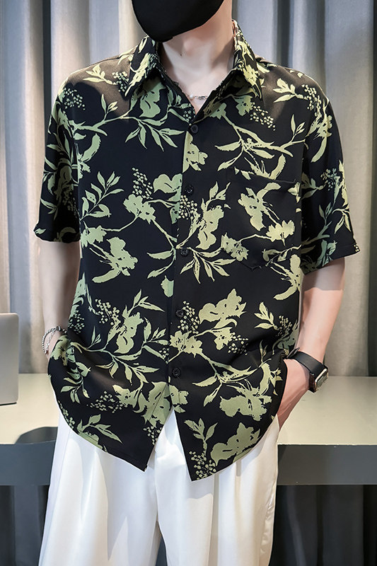 社会风美式复古水墨画满印短袖衬衫1B297-357-P45,男装衬衫,电商B297