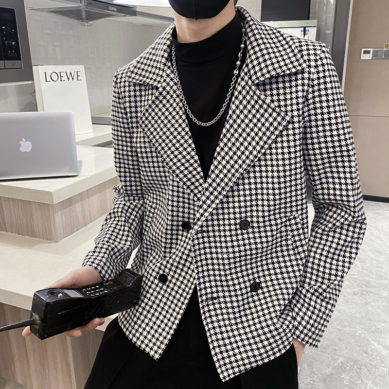 社会轻奢春秋千鸟格亮珠西装领双排扣夹克B297-7767-P98控138图片