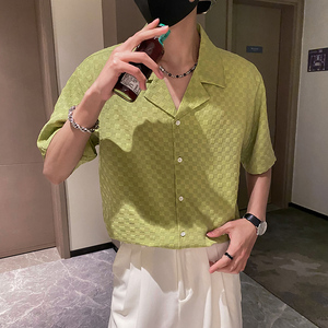 社会轻奢纯色古巴领棋盘格子宽松衬衫上衣B297-2313-P55控88