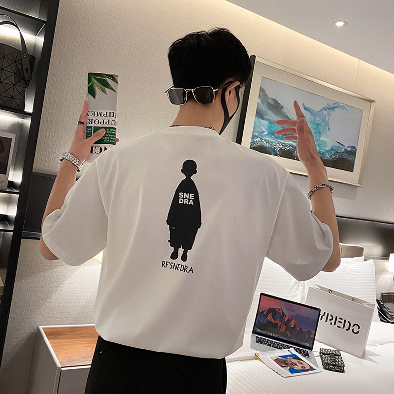 社会轻奢高品质纯色小人印花宽松T恤痞帅B297-251-P50控78,男装T恤,电商B297