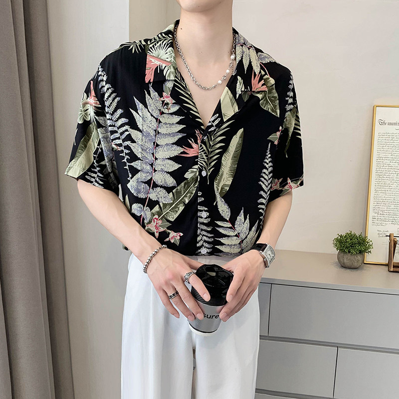 轻熟风翻领宽松休闲碎花花叶花衬衫上衣B297-2205-P53控78,男装衬衫,电商B297
