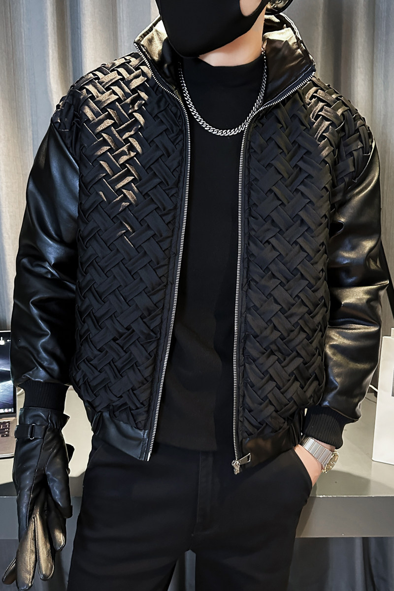 社会轻奢冬季纯色格子PU皮拼接修身加棉棉衣B0297-1813-P145,男装棉衣,电商B297
