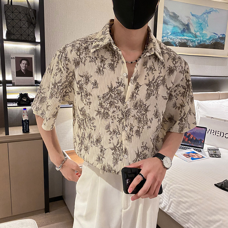 社会轻奢宽松碎花折皱花衬衫B297-2317-P55控88,男装衬衫,电商B297