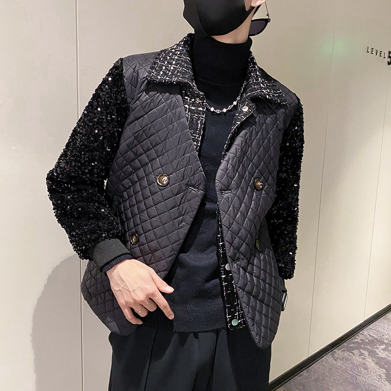 社会风纯色假两件拼接亮片西装领衣B297-7753-P135控178图片