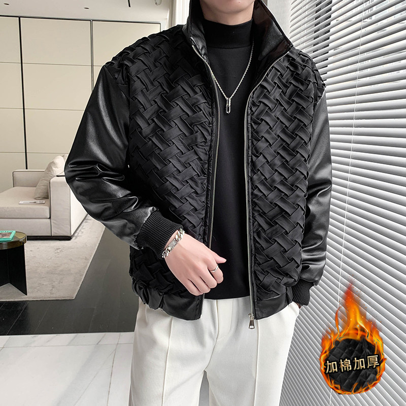 轻熟风纯色编织PU皮拼接修身加衣B297-1813-P145控198,男装棉衣,电商B297
