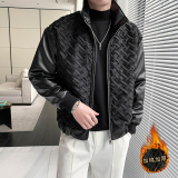 轻熟风纯色编织PU皮拼接修身加衣B297-1813-P145控198，男装棉衣，电商B297