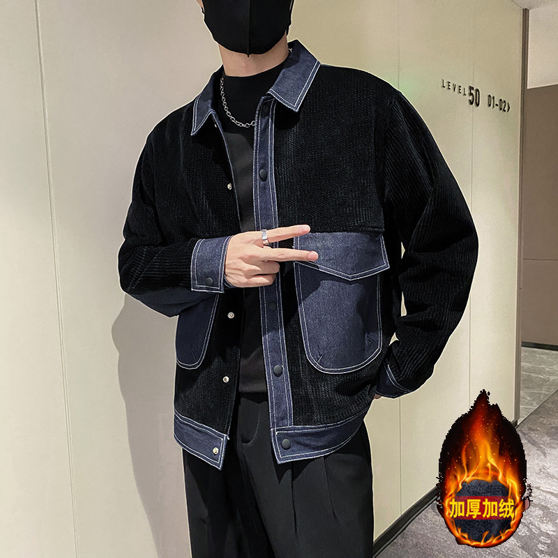 社会轻奢风纯色牛仔拼接雪尼尔方格衣B297-226--特P125控198,男装棉衣,电商B297