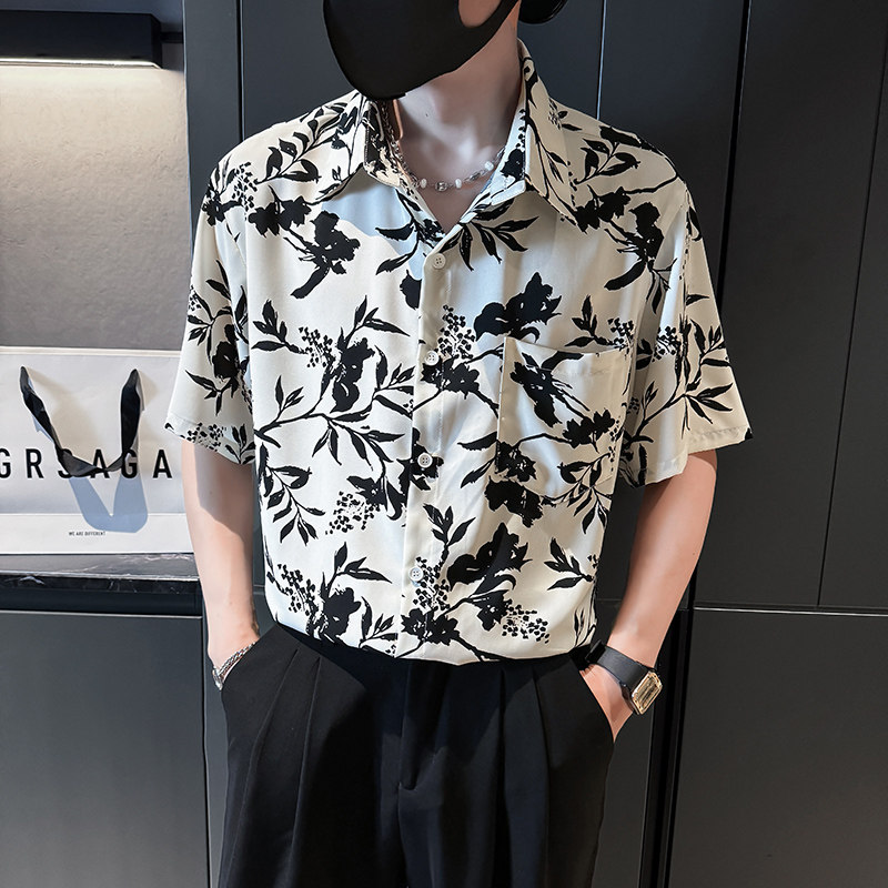 社会风美式复古水墨画满印短袖衬衫1 B297-357-P45图片