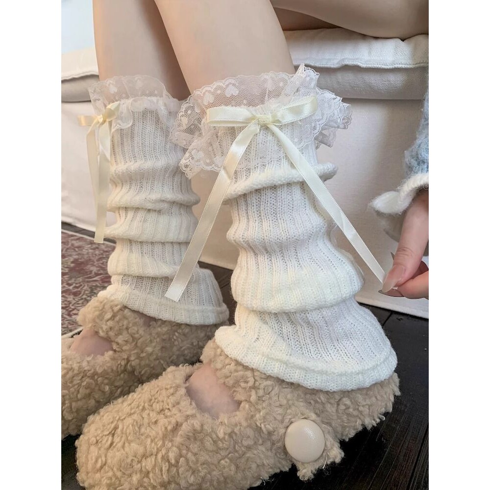 Lolita春夏针织蕾丝花边蝴蝶结袜套日系JK甜色中筒堆堆袜腿套
